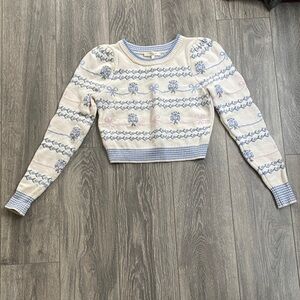 LoveShackFancy - Cream Sweater w/ Blue Floral & Bow Embroidered Detail - Size XS